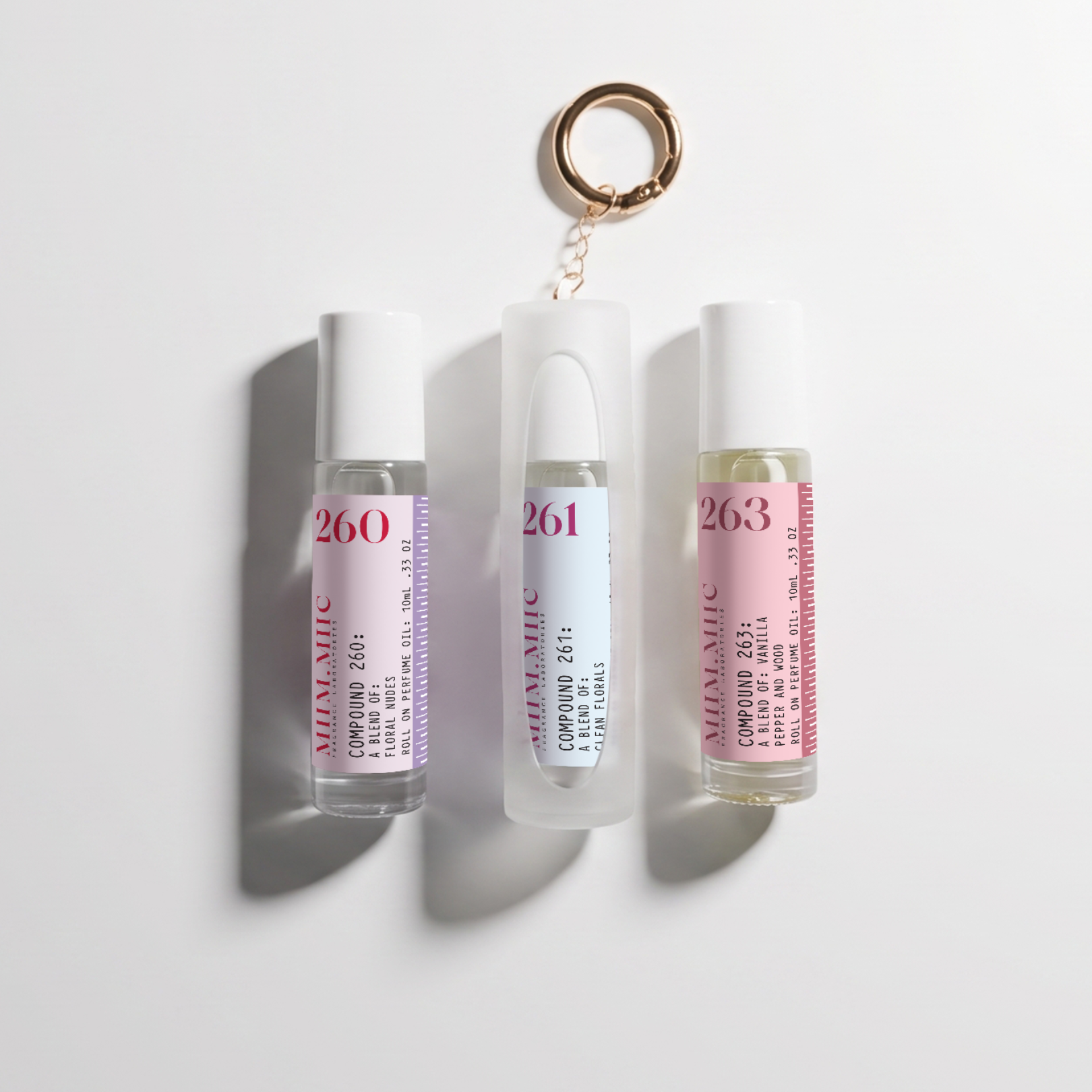 The Roll-On Trio — three 10mL oils plus keychain